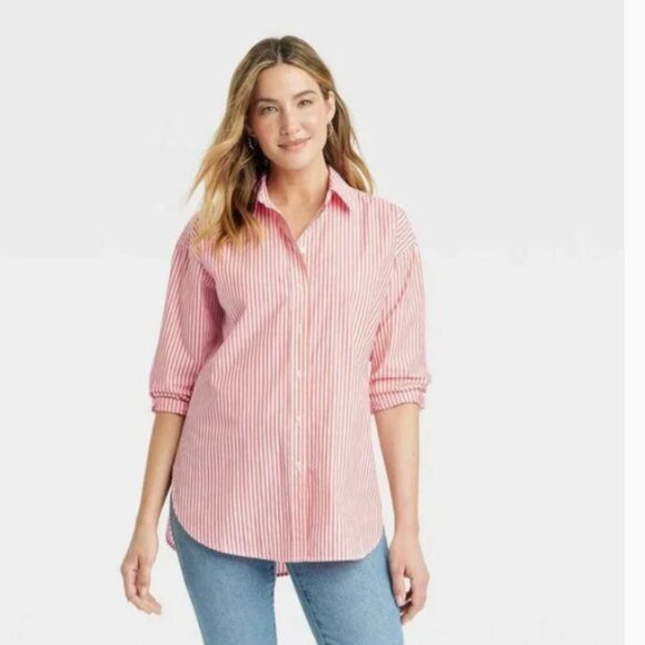 Universal Thread Tops - Oversized Long Sleeve Collared Button-Down Shirt - Universal Thread Red XS
